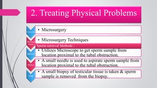 2. Treating Physical Problems
Varicocele
• Microsurgery
Blocked
Ducts
• Microsurgery Techniques
MESA
• Utilizes Microscope to get sperm sample from
location proximal to the tubal obstruction.
PESA
• A small needle is used to aspirate sperm sample from
location proximal to the tubal obstruction.
TSB
• A small biopsy of testicular tissue is taken & sperm
sample is removed from the biopsy.
Sperm retrieval Methods :
 