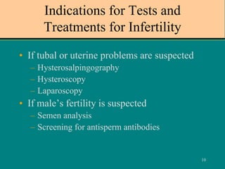 10
Indications for Tests and
Treatments for Infertility
• If tubal or uterine problems are suspected
– Hysterosalpingography
– Hysteroscopy
– Laparoscopy
• If male’s fertility is suspected
– Semen analysis
– Screening for antisperm antibodies
 