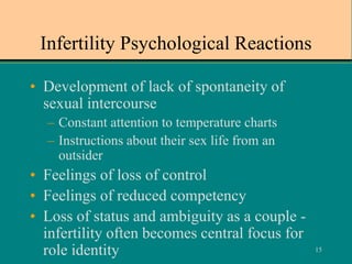 15
Infertility Psychological Reactions
• Development of lack of spontaneity of
sexual intercourse
– Constant attention to temperature charts
– Instructions about their sex life from an
outsider
• Feelings of loss of control
• Feelings of reduced competency
• Loss of status and ambiguity as a couple -
infertility often becomes central focus for
role identity
 