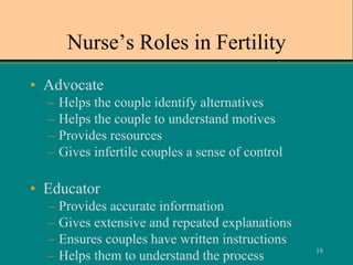 18
Nurse’s Roles in Fertility
• Advocate
– Helps the couple identify alternatives
– Helps the couple to understand motives
– Provides resources
– Gives infertile couples a sense of control
• Educator
– Provides accurate information
– Gives extensive and repeated explanations
– Ensures couples have written instructions
– Helps them to understand the process
 