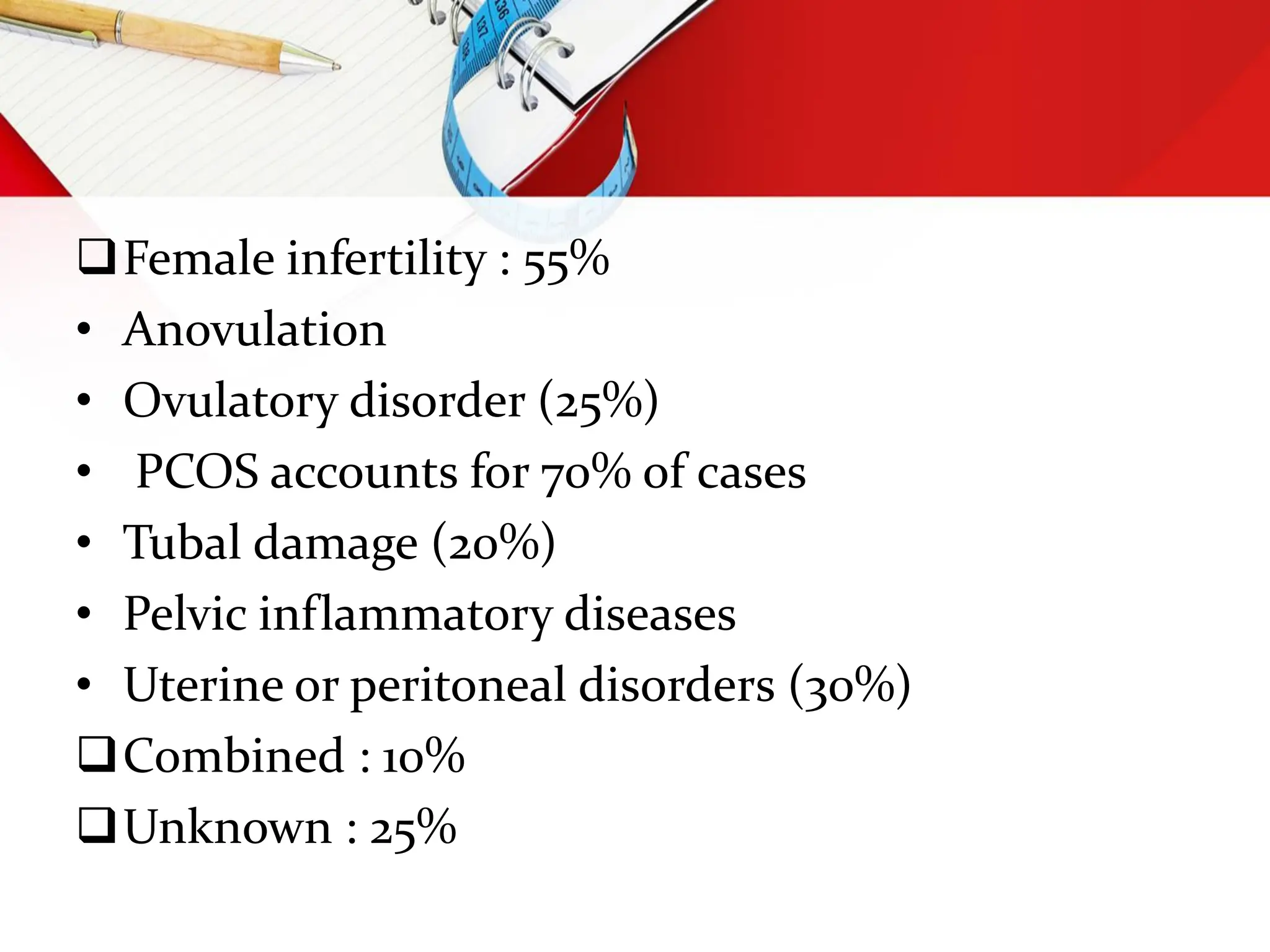 Female infertility : 55%
• Anovulation
• Ovulatory disorder (25%)
• PCOS accounts for 70% of cases
• Tubal damage (20%)
• Pelvic inflammatory diseases
• Uterine or peritoneal disorders (30%)
Combined : 10%
Unknown : 25%
 