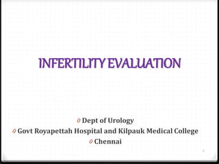 INFERTILITYEVALUATION
0 Dept of Urology
0 Govt Royapettah Hospital and Kilpauk Medical College
0 Chennai
1
 