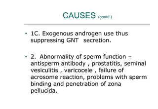 CAUSES (contd.)
• 1C. Exogenous androgen use thus
suppressing GNT secretion.
• 2. Abnormality of sperm function –
antisperm antibody , prostatitis, seminal
vesiculitis , varicocele , failure of
acrosome reaction, problems with sperm
binding and penetration of zona
pellucida.
 
