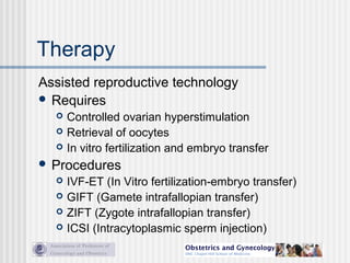 Therapy
Assisted reproductive technology
 Requires
 Controlled ovarian hyperstimulation
 Retrieval of oocytes
 In vitro fertilization and embryo transfer
 Procedures
 IVF-ET (In Vitro fertilization-embryo transfer)
 GIFT (Gamete intrafallopian transfer)
 ZIFT (Zygote intrafallopian transfer)
 ICSI (Intracytoplasmic sperm injection)
 