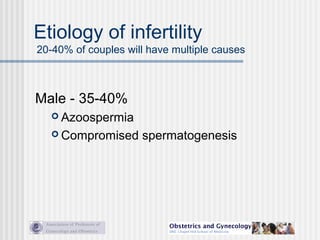 Etiology of infertility
20-40% of couples will have multiple causes
Male - 35-40%
 Azoospermia
 Compromised spermatogenesis
 