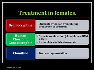 Treatment in females.
• Stimulate ovulation by inhibiting
production of prolactinBromocryptine
• Given in combination (clomiphine + HMG
+ FSH)
• It stimulates follicles to ovulate
Human
Chorionic
Gonadotrophin
• To encourage ovulationClomifine
Thursday, June 18, 2020
 