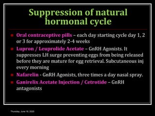 Suppression of natural
hormonal cycle
 Oral contraceptive pills – each day starting cycle day 1, 2
or 3 for approximately 2-4 weeks
 Lupron / Leuprolide Acetate – GnRH Agonists. It
suppresses LH surge preventing eggs from being released
before they are mature for egg retrieval. Subcutaneous inj
every morning
 Nafarelin - GnRH Agonists, three times a day nasal spray.
 Ganirelix Acetate Injection / Cetrotide – GnRH
antagonists
Thursday, June 18, 2020
 
