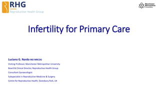 Infertility for Primary Care
Luciano G. Nardo MD MRCOG
Visiting Professor, Manchester Metropolitan University
Board & Clinical Director, Reproductive Health Group
Consultant Gynaecologist
Subspecialist in Reproductive Medicine & Surgery
Centre for Reproductive Health, Daresbury Park, UK
 
