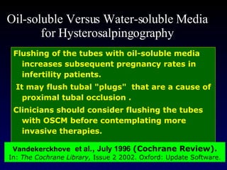 Oil-soluble Versus Water-soluble Media  for  H ysterosalpingography  Flushing of the tubes with oil-soluble media increases subsequent pregnancy rates in infertility patients.  It may flush t ubal "plugs"  that  are a cause of proximal tubal occlusion  . Clinicians should consider flushing the tubes with OSCM before contemplating more invasive therapies. Vandekerckhove   et al .,   July 1996   (Cochrane   Review).   In:  The Cochrane Library,  Issue 2 2002. Oxford: Update Software. 