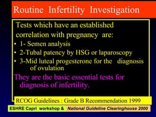 Tests which have an established correlation with pregnancy  are: 1- Semen analysis 2-Tubal patency by HSG or laparoscopy  3-Mid luteal progesterone for the  diagnosis  of ovulation   They  are the basic essential tests for diagnosis of infertility.   Routine  Infertility  Investigation ESHRE Capri  workshop & National Guideline Clearinghouse  2000 RCOG Guidelines : Grade  B  Recommendation 1999  