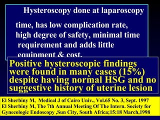 El Sherbiny M,  Medical   J   of   Cairo Univ., Vol.65 No. 3, Sept. 1997 El Sherbiny M,  The 7th Annual Meeting Of The Intern. Society for Gynecologic Endoscopy ,Sun City, South Africa;15:18 March,1998   Hysteroscopy done at laparoscopy  time, has low complication rate,  high degree of safety, minimal time  requirement and adds little  equipment & cost.  Positive hysteroscopic findings were found in many cases (15%) despite having normal HSG and no suggestive history of uterine lesion  