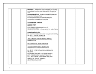 8
Oestrogen1.25 mg orally dailystartingonday 8-5 days
Antibioticsif infectionoccurdoxycycline 10mg twice
daily
Immunological factor Dexamethasone 0.5mg at bed
timeinthe follicularphase
Gilliantype operationtocorrectthirddegree
retroversioninunexplainedinfertility
UTEROVAGINALSURGERY
MYOMECTOMY
METROPLASTY
ADHESIOLYSISwithinsertionof IUCD
FENTON OPERATION –enlargementof the vaginal-oitus
Unexplainedinfertility
the recommendedtreatmentforunexplainedinfertility
are- INDUCTIONOFOVULATION
INTARUTERINE INSEMINATION / ARTIFICAL
INSEMINATION
FALLOPIAN TUBE SPERMPERFUSION
ASSISTEDREPRODUCTIVETECHNOLOGY
IVF–ET=IN VITROFERTLIZATION ANDEMBRYO
TRANSFER
GIFT = GAMETE INTRA – FALLOPIAN TRANFER
ZIFT= ZYGOTE INTRA FALLOPIAN TRANSFER
ICSI= INTRA CYTOPLASMICSPERM INJECTION
EMBRYO OR OCCYTE TRANSFER
GESTATIONALSUROGACY
 