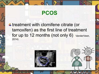 PCOS 
treatment with clomifene citrate (or 
tamoxifen) as the first line of treatment 
for up to 12 months (not only 6) VanderVeen, 
2014) 
 