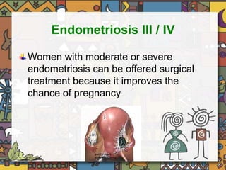 Endometriosis III / IV 
Women with moderate or severe 
endometriosis can be offered surgical 
treatment because it improves the 
chance of pregnancy 
 
