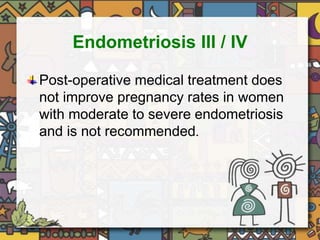 Endometriosis III / IV 
Post-operative medical treatment does 
not improve pregnancy rates in women 
with moderate to severe endometriosis 
and is not recommended. 
 