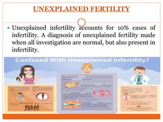 UNEXPLAINED FERTILITY
 Unexplained infertility accounts for 10% cases of
infertility. A diagnosis of unexplained fertility made
when all investigation are normal, but also present in
infertility.
 