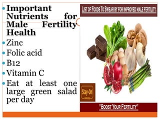 Important
Nutrients for
Male Fertility
Health
Zinc
Folic acid
B12
Vitamin C
Eat at least one
large green salad
per day
 