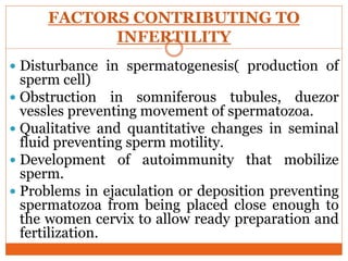 FACTORS CONTRIBUTING TO
INFERTILITY
 Disturbance in spermatogenesis( production of
sperm cell)
 Obstruction in somniferous tubules, duezor
vessles preventing movement of spermatozoa.
 Qualitative and quantitative changes in seminal
fluid preventing sperm motility.
 Development of autoimmunity that mobilize
sperm.
 Problems in ejaculation or deposition preventing
spermatozoa from being placed close enough to
the women cervix to allow ready preparation and
fertilization.
 