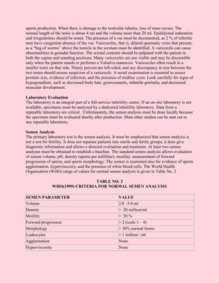 sperm production. When there is damage to the testicular tubules, loss of mass occurs. The
normal length of the testis is about 4 cm and the volume more than 20 ml. Epididymal induration
and irregularities should be noted. The presence of a vas must be documented, as 2 % of infertile
men have congenital absence of the vas. Varicoceles, that is, dilated spermatic veins that present,
as a “bag of worms” above the testicle in the scrotum must be identified. A varicocele can cause
abnormalities in gonadal function. The scrotal contents should be palpated with the patient in
both the supine and standing positions. Many varicoceles are not visible and may be discernible
only when the patient stands or performs a Valsalva maneuver. Varicoceles often result in a
smaller testis on that side. Ninety percent are left-sided, and any discrepancy in size between the
two testes should arouse suspicion of a varicocele. A rectal examination is essential to assess
prostate size, evidence of infection, and the presence of midline cysts. Look carefully for signs of
hypogonadism, such as decreased body hair, gynecomastia, infantile genitalia, and decreased
muscular development.

Laboratory Evaluation
The laboratory is an integral part of a full-service infertility center. If an on-site laboratory is not
available, specimens must be analyzed by a dedicated infertility laboratory. Data from a
reputable laboratory are critical . Unfortunately, the semen analysis must be done locally because
the specimen must be evaluated shortly after production. Most other studies can be sent out to
any reputable laboratory.

Semen Analysis
The primary laboratory test is the semen analysis. It must be emphasized that semen analysis is
not a test for fertility. It does not separate patients into sterile and fertile groups; it does give
diagnostic information and allows a directed evaluation and treatment. At least two semen
analyses must be obtained to establish a baseline. The standard semen analysis allows evaluation
of semen volume, pH, density (sperm per milliliter), motility, measurement of forward
progression of sperm, and sperm morphology. The semen is examined also for evidence of sperm
agglutination, hyperviscosity, and the presence of white blood cells. The World Health
Organisation (WHO) range of values for normal semen analysis is given in Table No. 2

                                  TABLE NO. 2
                WHO(1999) CRITERIA FOR NORMAL SEMEN ANALYSIS

SEMEN PARAMETER                                          VALUE
Volume                                                   2.0 –5.0 ml
Density                                                  > 20 million/ml
Motility                                                 > 50 %
Forward progression                                      > 2 (scale 1 – 4)
Morphology                                               > 30% normal forms
Leukocytes                                               < 1 million / ml
Agglutination                                            None
Hyperviscosity                                           None
 