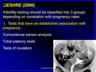 ESHRE (2000)
Infertility testing should be classified into 3 groups
depending on correlation with pregnancy rates
I. Tests that have an established association with
pregnancy:
Conventional semen analysis
Tubal patency tests
Tests of ovulation
Aboubakr Elnashar
 