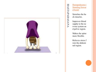 HASTAPADASANA
Hastapadasana (
Standing forwar
d bend)
Stretches the ba
ck muscles.
Improves blood
supply to the ne
rvous system an
d pelvic region.
Makes the spine
more flexible.
Relieves stress f
rom the abdomi
nal region.
 