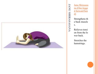 JANUSHIRASASANA
Janu Shirasasa
na (One-legge
d forward ben
d)
Strengthens th
e back muscle
s.
Relieves tensi
on from the lo
wer back.
Stretches the
hamstrings.
 