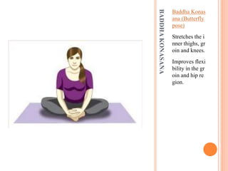 BADDHAKONASANA
Baddha Konas
ana (Butterfly
pose)
Stretches the i
nner thighs, gr
oin and knees.
Improves flexi
bility in the gr
oin and hip re
gion.
 