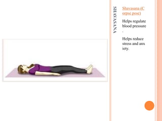 SHAVASANA
Shavasana (C
orpse pose)
Helps regulate
blood pressure
.
Helps reduce
stress and anx
iety.
 