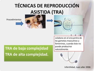 TÉCNICAS DE REPRODUCCIÓN
ASISTIDA (TRA)
TRA de baja complejidad
TRA de alta complejidad.
Infertilidad, Juan aller 2006
Procedimientos
colabora en el encuentro de
los gametos masculinos y
femeninos, cuando éste no
puede producirse
naturalmente.
 