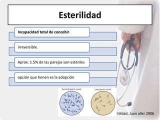Esterilidad
Infertilidad, Juan aller 2006
Incapacidad total de concebir.
irreversible.
Aprox. 1.5% de las parejas son estériles
opción que tienen es la adopción
 