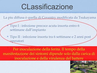 CLassificazione
La piu diffusa è quella di Coventry modificata da Tsukayama

    Tipo I : infezione precoce acuta insorta entro 6
    settimane dall’impianto

    Tipo II : infezione insorta tra 6 settimane e 2 anni post
    operatori

    Tipo III : infezione dopo i 2 ferita. Il tempo della
      Per inoculazione della      anni
manifestazione dei sintomi dipende solo dalla carica di
   Tipo IV : infezione riscontrata durante una revisione
   ritenuta asettica e della virulenza del battere
       inoculazione
 