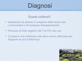 Diagnosi
                  Esami colturali
Isolamento di almeno 2 campioni dallo stesso sito
( artrocentesi o da tampone intraoperatorio)

Presenza di falsi negativi dal 7 al 12% dei casi

L’esame è una conferma, non deve essere utilizzato per
diagnosi ne per il followup
 