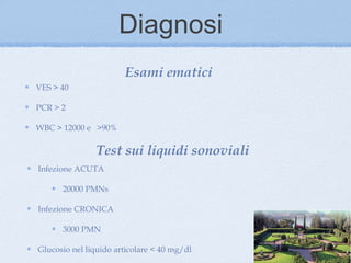 Diagnosi
                       Esami ematici
VES > 40

PCR > 2

WBC > 12000 e >90%

               Test sui liquidi sonoviali
Infezione ACUTA

      20000 PMNs

Infezione CRONICA

      3000 PMN

Glucosio nel liquido articolare < 40 mg/dl
 