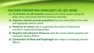 • FACTORS PREVENTING VARICOSITY OF LEG VEINS :
a) Contraction of calf muscles squeezes the blood upward along the
deep veins (calf-pump) and this prevents varicosity.
b) Adjacent arteries provide pulsations that are transmitted to the veins
and aggravate venous return.
c) Presence of valves help in supporting the column of blood and
maintains unidirectional blood flow.
d) Negative Intra-thoracic Pressure pulls the venous blood upwards and
increases Venous Return.
e) Contraction of Heart and Diaphragm also helps in increasing Venous
Return.
 