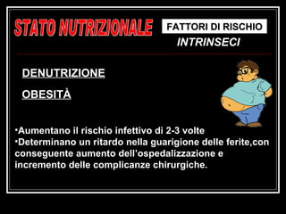 STATO NUTRIZIONALE FATTORI DI RISCHIO INTRINSECI OBESITÀ DENUTRIZIONE Aumentano il rischio infettivo di 2-3 volte Determinano un ritardo nella guarigione delle ferite,con conseguente aumento dell’ospedalizzazione e incremento delle complicanze chirurgiche. 
