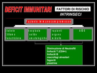 Diminuzione di Neutrofili linfociti T (CD4+) linfociti B macrofagi alveolari fagociti piastrine DEFICIT IMMUNITARI FATTORI DI RISCHIO INTRINSECI 