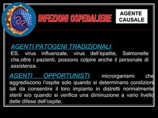INFEZIONI OSPEDALIERE AGENTI PATOGENI TRADIZIONALI :  ES. virus influenzale, virus dell’epatite, Salmonelle che,oltre i pazienti, possono colpire anche il personale di assistenza. AGENTI OPPORTUNISTI :  microrganismi che aggrediscono l’ospite solo quando si determinano condizioni tali da consentire il loro impianto in distretti normalmente sterili e/o quando si verifica una diminuzione a vario livello delle difese dell’ospite. AGENTE  CAUSALE 