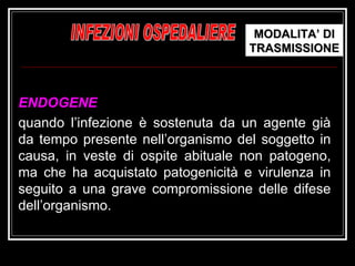 INFEZIONI OSPEDALIERE MODALITA’ DI TRASMISSIONE ENDOGENE   quando l’infezione è sostenuta da un agente già da tempo presente nell’organismo del soggetto in causa, in veste di ospite abituale non patogeno, ma che ha acquistato patogenicità e virulenza in seguito a una grave compromissione delle difese dell’organismo. 