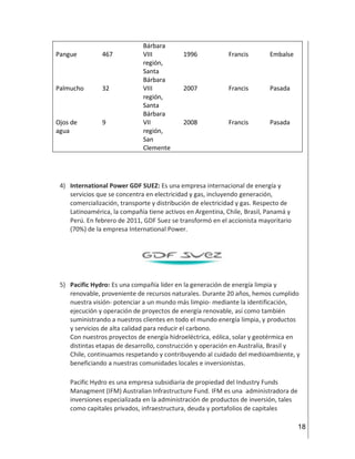 18
Bárbara
Pangue 467 VIII
región,
Santa
Bárbara
1996 Francis Embalse
Palmucho 32 VIII
región,
Santa
Bárbara
2007 Francis Pasada
Ojos de
agua
9 VII
región,
San
Clemente
2008 Francis Pasada
4) International Power GDF SUEZ: Es una empresa internacional de energía y
servicios que se concentra en electricidad y gas, incluyendo generación,
comercialización, transporte y distribución de electricidad y gas. Respecto de
Latinoamérica, la compañía tiene activos en Argentina, Chile, Brasil, Panamá y
Perú. En febrero de 2011, GDF Suez se transformó en el accionista mayoritario
(70%) de la empresa International Power.
5) Pacific Hydro: Es una compañía líder en la generación de energía limpia y
renovable, proveniente de recursos naturales. Durante 20 años, hemos cumplido
nuestra visión- potenciar a un mundo más limpio- mediante la identificación,
ejecución y operación de proyectos de energía renovable, así como también
suministrando a nuestros clientes en todo el mundo energía limpia, y productos
y servicios de alta calidad para reducir el carbono.
Con nuestros proyectos de energía hidroeléctrica, eólica, solar y geotérmica en
distintas etapas de desarrollo, construcción y operación en Australia, Brasil y
Chile, continuamos respetando y contribuyendo al cuidado del medioambiente, y
beneficiando a nuestras comunidades locales e inversionistas.
Pacific Hydro es una empresa subsidiaria de propiedad del Industry Funds
Managment (IFM) Australian Infrastructure Fund. IFM es una administradora de
inversiones especializada en la administración de productos de inversión, tales
como capitales privados, infraestructura, deuda y portafolios de capitales
 
