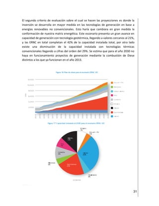 31
El segundo criterio de evaluación sobre el cual se hacen las proyecciones es donde la
inversión se desarrolla en mayor medida en las tecnologías de generación en base a
energías renovables no convencionales. Esto haría que cambiara en gran medida la
conformación de nuestra matriz energética. Este escenario presenta un gran avance en
capacidad de generación con tecnología geotérmica, llegando a valores cercanos al 21%,
y las ERNC en total completan el 42% de la capacidad instalada total, por otro lado
existe una disminución de la capacidad instalada con tecnologías térmicas
convencionales llegando a cifras del orden del 29%. Se estima que para el año 2030 no
haya en funcionamiento proyectos de generación mediante la combustión de Diese
distintos a los que ya funcionan en el año 2013.
 