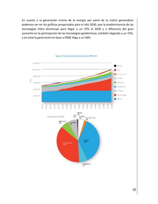 32
En cuanto a la generación misma de la energía por parte de la matriz generadora
podemos ver en los gráficos proyectados para el año 2030, que la predominancia de las
tecnologías hidro disminuye para llegar a un 37% al 2030 y a diferencia del gran
aumento en la participación de las tecnologías geotérmicas, también llegando a un 37%,
y en total la generación en base a ERNC llega a un 56%.
 