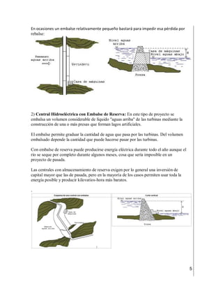 5
En ocasiones un embalse relativamente pequeño bastará para impedir esa pérdida por
rebalse:
2) Central Hidroeléctrica con Embalse de Reserva: En este tipo de proyecto se
embalsa un volumen considerable de líquido "aguas arriba" de las turbinas mediante la
construcción de una o más presas que forman lagos artificiales.
El embalse permite graduar la cantidad de agua que pasa por las turbinas. Del volumen
embalsado depende la cantidad que puede hacerse pasar por las turbinas.
Con embalse de reserva puede producirse energía eléctrica durante todo el año aunque el
río se seque por completo durante algunos meses, cosa que sería imposible en un
proyecto de pasada.
Las centrales con almacenamiento de reserva exigen por lo general una inversión de
capital mayor que las de pasada, pero en la mayoría de los casos permiten usar toda la
energía posible y producir kilovatios-hora más baratos.
.
 