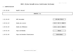 Fecha : 27 / 10 / 2012
FECU (Ficha EstadÃ-stica Codificada Uniforme)
1. IDENTIFICACION
1.01.05.00 RazÃ³n Social
SMARTEL S.A.
1.01.04.00 RUT Sociedad 99.564.750-8
1.00.01.10 Fecha de inicio 01 01 2010
1.00.01.20 Fecha de TÃ©rmino 31 12 2010
1.00.01.30 Tipo de Moneda Pesos
1.00.01.40 Tipo de Estados Financieros Individual
Superintendencia de Valores y Seguros 1
 