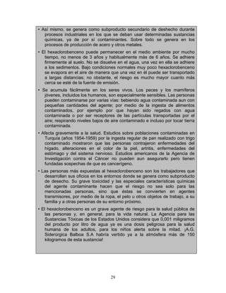 • Así mismo, se genera como subproducto secundario de deshecho durante
   procesos industriales en los que se deban usar determinadas sustancias
   químicas, ya de por sí contaminantes. Sobre todo se genera en los
   procesos de producción de acero y otros metales.
• El hexaclorobenceno puede permanecer en el medio ambiente por mucho
   tiempo, no menos de 3 años y habitualmente más de 6 años. Se adhiere
   firmemente al suelo. No se disuelve en el agua, una vez en ella se adhiere
   a los sedimentos. Bajo condiciones normales muy poco hexaclorobenceno
   se evapora en el aire de manera que una vez en él puede ser transportado
   a largas distancias; no obstante, el riesgo es mucho mayor cuanto más
   cerca se esté de la fuente de emisión.
• Se acumula fácilmente en los seres vivos. Los peces y los mamíferos
   jóvenes, incluidos los humanos, son especialmente sensibles. Las personas
   pueden contaminarse por varias vías: bebiendo agua contaminada aun con
   pequeñas cantidades del agente; por medio de la ingesta de alimentos
   contaminados, por ejemplo por que hayan sido regados con agua
   contaminada o por ser receptores de las partículas transportadas por el
   aire; respirando niveles bajos de aire contaminado e incluso por tocar tierra
   contaminada.
• Afecta gravemente a la salud. Estudios sobre poblaciones contaminadas en
   Turquía (años 1954-1959) por la ingesta regular de pan realizado con trigo
   contaminado mostraron que las personas contrajeron enfermedades del
   hígado, alteraciones en el color de la piel, artritis, enfermedades del
   estómago y del sistema nervioso. Estudios americanos de la Agencia de
   Investigación contra el Cáncer no pueden aun asegurarlo pero tienen
   fundadas sospechas de que es cancerígeno.
• Las personas más expuestas al hexaclorobenceno son los trabajadores que
   desarrollan sus oficios en los entornos donde se genera como subproducto
   de desecho. Su grave toxicidad y las especiales características químicas
   del agente contaminante hacen que el riesgo no sea solo para las
   mencionadas personas, sino que éstas se convierten en agentes
   transmisores, por medio de la ropa, el pelo u otros objetos de trabajo, a su
   familia y a otras personas de su entorno próximo.
• El hexaclorobenceno es un grave agente de riesgo para la salud pública de
   las personas y, en general, para la vida natural. La Agencia para las
   Sustancias Tóxicas de los Estados Unidos considera que 0,001 miligramos
   del producto por litro de agua ya es una dosis peligrosa para la salud
   humana de los adultos, para los niños alerta sobre la mitad. ¡A.G.
   Siderúrgica Balboa S.A habría vertido ya a la atmósfera más de 150
   kilogramos de esta sustancia!




                                     29
 