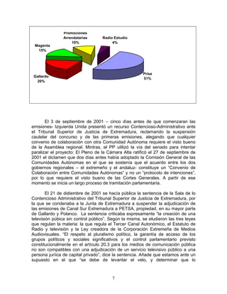 Promociones
                Arrendatarias      Radio Estudio
                    10%                 4%
 Magenta
  15%




                                                        Prisa
 Gallardo
                                                        51%
  20%




       El 3 de septiembre de 2001 – cinco días antes de que comenzaran las
emisiones- Izquierda Unida presentó un recurso Contencioso-Administrativo ante
el Tribunal Superior de Justicia de Extremadura, reclamando la suspensión
cautelar del concurso y de las primeras emisiones, alegando que cualquier
convenio de colaboración con otra Comunidad Autónoma requiere el visto bueno
de la Asamblea regional. Mintras, el PP utilizó la vía del senado para intentar
paralizar el proyecto: El Pleno de la Cámara Alta ratificó el 27 de septiembre de
2001 el dictamen que dos días antes había adoptado la Comisión General de las
Comunidades Autónomas en el que se sostenía que el acuerdo entre los dos
gobiernos regionales – el extremeño y el andaluz- constituye un “Convenio de
Colaboración entre Comunidades Autónomas” y no un “protocolo de intenciones”,
por lo que requiere el visto bueno de las Cortes Generales. A partir de ese
momento se inicia un largo proceso de tramitación parlamentaria.

        El 21 de didiembre de 2001 se hacía pública la sentencia de la Sala de lo
Contencioso Administrativo del Tribunal Superior de Justicia de Extremadura, por
la que se condenaba a la Junta de Extremadura a suspender la adjudicación de
las emisiones de Canal Sur Extremadura a PETSA, propiedad, en su mayor parte
de Gallardo y Polanco. La sentencia criticaba expresamente “la creación de una
televisión púbica sin control público”. Según la misma, se eludieron las tres leyes
que regulan la materia: la que regula el Tercer Canal Autonómico, el Estatuto de
Radio y televisión y la Ley creadora de la Corporación Extremeña de Medios
Audiovisuales. “El respeto al pluralismo político, la garantía de acceso de los
grupos políticos y sociales significativos y el control parlamentario previsto
constitucionalmente en el artículo 20.3 para los medios de comunicación pública
no son compatibles con una adjudicación de un servicio televisivo público a una
persona juríica de capital privado”, dice la sentencia. Añade que estamos ante un
supuesto en el que “se debe de levantar el velo, y determinar que lo



                                        7
 