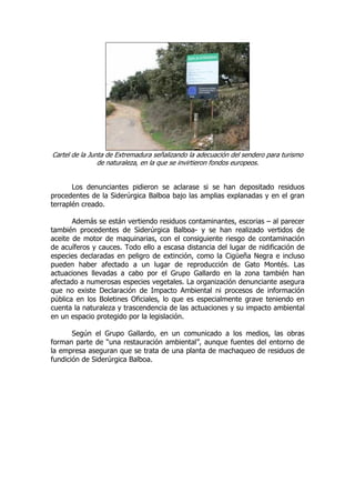 Cartel de la Junta de Extremadura señalizando la adecuación del sendero para turismo
                de naturaleza, en la que se invirtieron fondos europeos.


       Los denunciantes pidieron se aclarase si se han depositado residuos
procedentes de la Siderúrgica Balboa bajo las amplias explanadas y en el gran
terraplén creado.

       Además se están vertiendo residuos contaminantes, escorias – al parecer
también procedentes de Siderúrgica Balboa- y se han realizado vertidos de
aceite de motor de maquinarias, con el consiguiente riesgo de contaminación
de acuíferos y cauces. Todo ello a escasa distancia del lugar de nidificación de
especies declaradas en peligro de extinción, como la Cigüeña Negra e incluso
pueden haber afectado a un lugar de reproducción de Gato Montés. Las
actuaciones llevadas a cabo por el Grupo Gallardo en la zona también han
afectado a numerosas especies vegetales. La organización denunciante asegura
que no existe Declaración de Impacto Ambiental ni procesos de información
pública en los Boletines Oficiales, lo que es especialmente grave teniendo en
cuenta la naturaleza y trascendencia de las actuaciones y su impacto ambiental
en un espacio protegido por la legislación.

       Según el Grupo Gallardo, en un comunicado a los medios, las obras
forman parte de “una restauración ambiental”, aunque fuentes del entorno de
la empresa aseguran que se trata de una planta de machaqueo de residuos de
fundición de Siderúrgica Balboa.
 