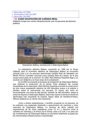 - Diario Hoy 14/1/2003
- Extremadura al día 23/4/2007
- Diario Hoy 24/4/2007
- 12. CASO OCUPACIÓN DE CAÑADA REAL
Gallardo ocupa con varias infraestructuras una vía pecuaria de dominio
publico.




            Subestación Balboa, ubicada junto a Siderúrgica Balboa.

        La subestación eléctrica Balboa, construida en 1996 por el Grupo
Gallardo para el suministro eléctrico de Siderúrgica Balboa se encuentra
ubicada junto a la vía pecuaria denominada Cañada Real de Salvaleón por
Monte Porrino (También conocida como Cañada Real de Lisboa), de la que
ocupa buena parte de la anchura. En 2002, Red Eléctrica Española llega a un
acuerdo con Gallardo y se hace cargo de la subestación.
        En el 2003 se presenta el proyecto de ampliación de Siderúrgica Balboa,
que triplicará la producción de la planta. Para abastecer las nuevas
necesidades de la siderúrgica, Red Eléctrica Española acomete la construcción
de otra nueva subestación eléctrica de 400 kilovoltios anexa a la anterior y
también sobre la mencionada vía pecuaria. El mismo año entra en
funcionamiento una línea de alta tensión, también de 400 kilovoltios, desde la
presa de Alqueva a Siderúrgica Balboa. Esta línea supone la tercera entrada de
electricidad más importante de España. Según datos de Sevillana-Endesa,
Alfonso Gallardo es su cliente más importante.

       Junto a ambas subestaciones, y también ocupando la vía pecuaria, se
ha realizado una explanada destinada a aparcamiento de camiones y otros
vehículos de Siderúrgica Balboa. La anchura de dicha cañada era
originalmente de 90 varas castellanas (unos 75 m.) y discurría entre la
carretera de Valuengo y el Arroyo de la Granja, pese a lo cual, a su paso por
las inmediaciones de Siderúrgica Balboa se encuentra totalmente ocupada por
las mencionadas infraestructuras e impracticable.
 