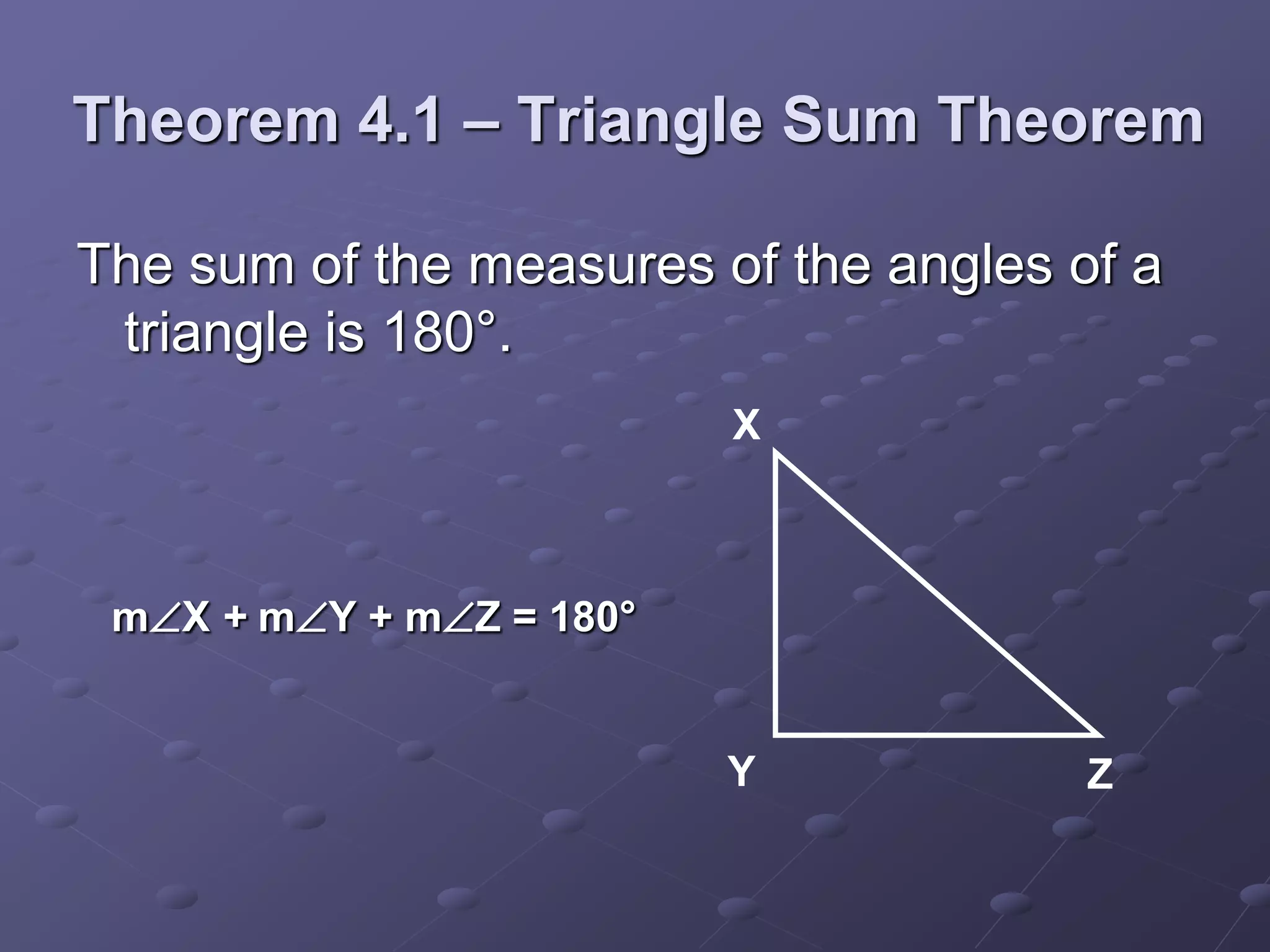 Theorem 4.1 – Triangle Sum Theorem
The sum of the measures of the angles of a
triangle is 180°.
mX + mY + mZ = 180°
X
Y Z
 