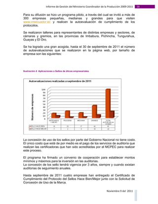 Informe	
  de	
  Gestión	
  del	
  Ministerio	
  Coordinador	
  de	
  la	
  Producción	
  2009-­‐2011	
                                                                                                                                                                                                                                                                                                                                                       16	
  
	
  
Para su difusión se hizo un programa piloto, a través del cual se invitó a más de
300 empresas pequeñas, medianas y grandes para que visiten
www.creecuador.ec y realicen la autoevaluación de cumplimiento de los
protocolos.

Se realizaron talleres para representantes de distintas empresas y sectores, de
cámaras y gremios, en las provincias de Imbabura, Pichincha, Tungurahua,
Guayas y El Oro.

Se ha logrado una gran acogida, hasta el 30 de septiembre de 2011 el número
de autoevaluaciones que se realizaron en la página web, por tamaño de
empresa son las siguientes:




Ilustración 4 Aplicaciones a Sellos de éticas empresariales




La concesión de uso de los sellos por parte del Gobierno Nacional no tiene costo.
El único costo que está de por medio es el pago de los servicios de auditoría que
realizan las certificadoras que han sido acreditadas por el MCPEC para realizar
este proceso.

El programa ha firmado un convenio de cooperación para establecer montos
mínimos y máximos para la inversión en las auditorias.
La concesión de los sello tendrá vigencia por 3 años, siempre y cuando existan
auditorias de seguimiento anuales.

Hasta septiembre de 2011 cuatro empresas han entregado el Certificado de
Cumplimiento del Protocolo del Sellos Hace Bien/Mejor junto con la Solicitud de
Concesión de Uso de la Marca.

                                                                                                                                                                                                                                                                                                                                                                                                                                                                                                                                        Noviembre	
  9	
  del	
  	
  2011	
  
	
  	
  	
  	
  	
  	
  	
  	
  	
  	
  	
  	
  	
  	
  	
  	
  	
  	
  	
  	
  	
  	
  	
  	
  	
  	
  	
  	
  	
  	
  	
  	
  	
  	
  	
  	
  	
  	
  	
  	
  	
  	
  	
  	
  	
  	
  	
  	
  	
  	
  	
  	
  	
  	
  	
  	
  	
  	
  	
  	
  	
  	
  	
  	
  	
  	
  	
  	
  	
  	
  	
  	
  	
  	
  	
  	
  	
  	
  	
  	
  	
  	
  	
  	
  	
  	
  	
  	
  	
  	
  	
  	
  	
  	
  	
  	
  	
  	
  	
  	
  	
  	
  	
  	
  	
  	
  	
  	
  	
  	
  	
  	
  	
  	
  	
  	
  	
  	
  	
  	
  	
  	
  	
  	
  	
  	
  	
  	
  	
  	
  
 