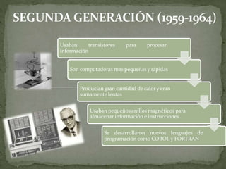 Usaban transistores para procesar
información
Son computadoras mas pequeñas y rápidas
Producían gran cantidad de calor y eran
sumamente lentas
Usaban pequeños anillos magnéticos para
almacenar información e instrucciones
Se desarrollaron nuevos lenguajes de
programación como COBOL y FORTRAN